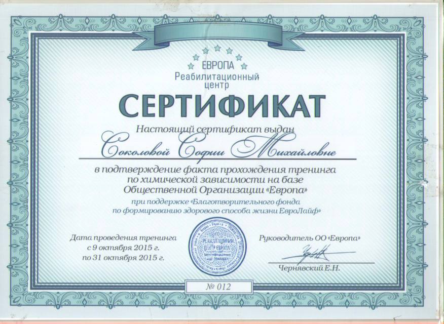 Робота з хімічною залежністю — Софія Соколова